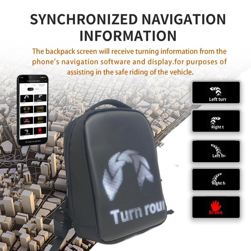 Backpacks Programmable Panel Screen Waterproof displaying synchronized navigation information for safe riding.